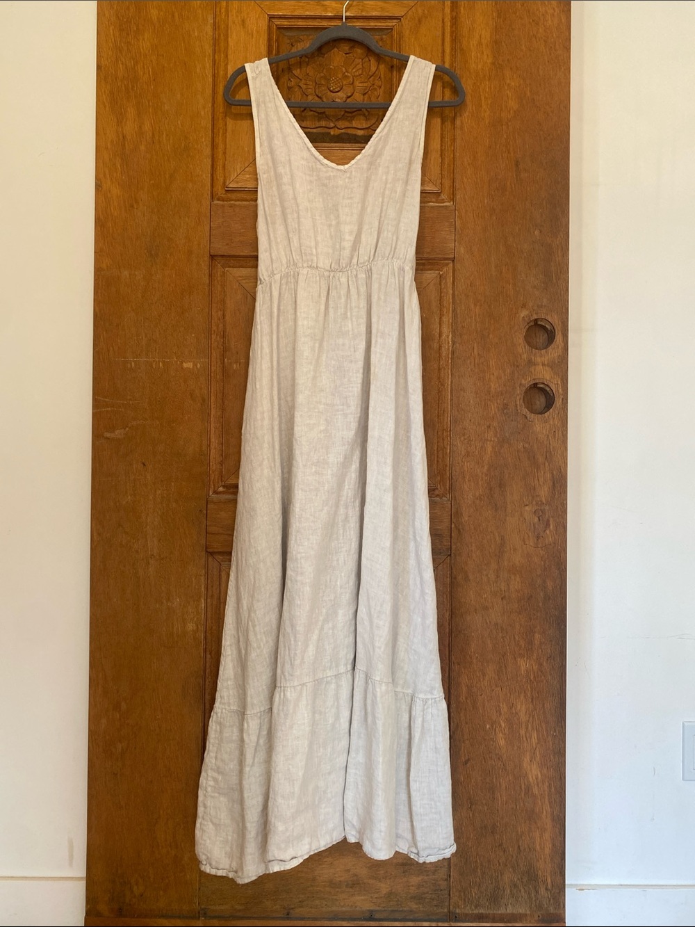 piazza del tiempo Cream oatmeal Linen Maxi Dress Sleeveless V-Neck LARGE